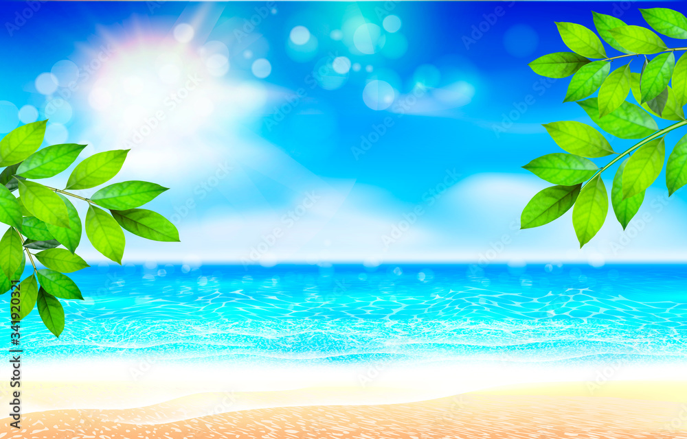 Summer Background. Nature green leaf on Tropical beach with yellow sand, blue ocean and sky. Bokeh sun light wawe. Vacation or paradise business travel concept. Waves and sunlight.