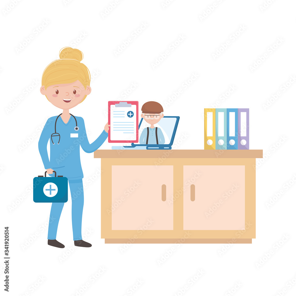 Woman doctor laptop documents old man and kit vector design Woman doctor laptop documents old man and kit vector design