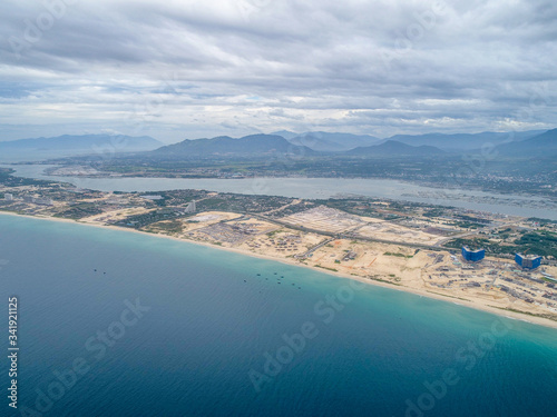 Aerial view of Bai Dai beach at Cam Ranh Bay, owns spectacular landscape which has smooth white sand and clean blue sea. Bai Dai will become a key tourist site in the South of Khanh Hoa