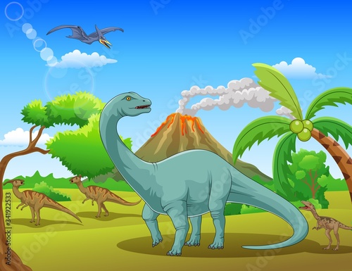 Cute cartoon dinosaur in the jungle