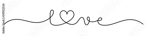 LOVE black vector monoline calligraphy banner with swashes and heart symbol
