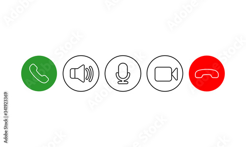 Set of communication icons. Phone, sound, microphone, camera, call symbols on isolated white background for applications, web, app. EPS 10 vector.