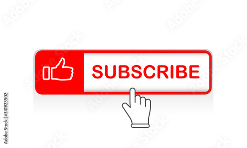 Red subscribe button with mouse pointer and notification bell icon flat in modern colour design concept on isolated white background. EPS 10 vector.