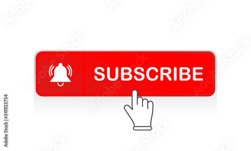 Red subscribe button with mouse pointer and notification bell icon flat in modern colour design concept on isolated white background. EPS 10 vector.