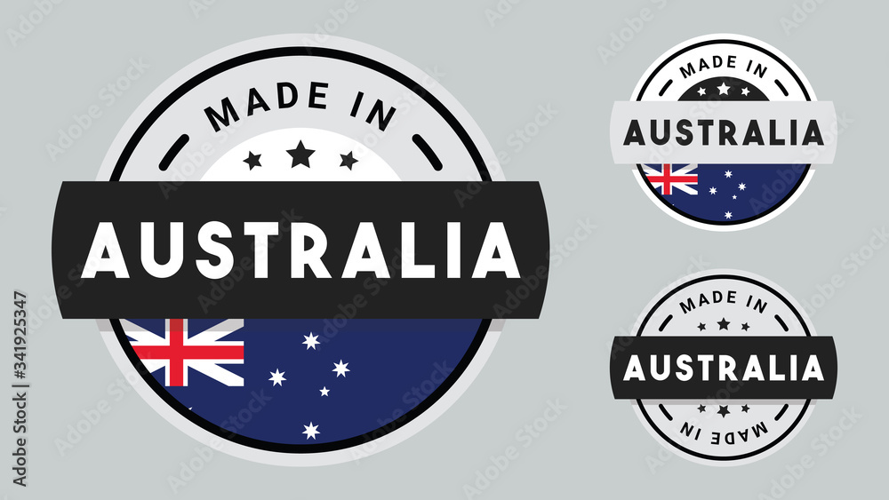 Obraz premium Made in Australia collection of ribbon, label, stickers, badge, icon and page curl with Australia flag symbol. 