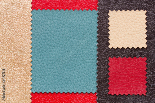 Color leather samples for the manufacture of furniture and various products laid out in the form of a frame with space for text. Different skin samples. Materials for the leather industry. Flat Lay.