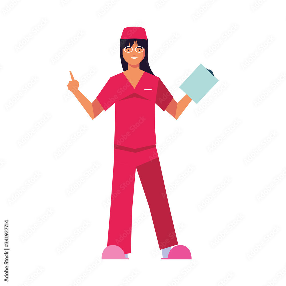 female doctor standing, medical staff on white background