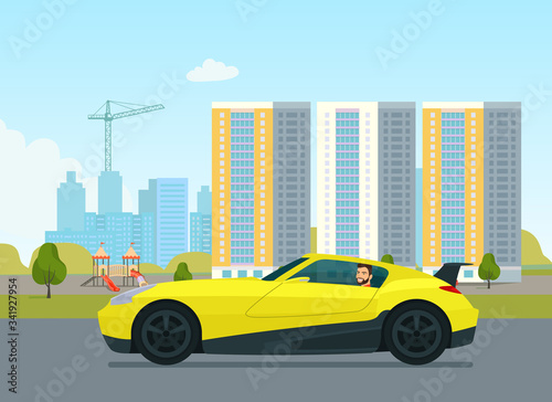 Fototapeta Naklejka Na Ścianę i Meble -  Sport coupe car with a driver man on a background cityscape. Vector flat style illustration.