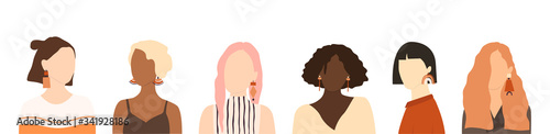 Collection of portraits of young stylish women different nationalities. Bundle girls with different skin color, hairstyles and accessories. Set of modern female avatars. Flat vector illustration