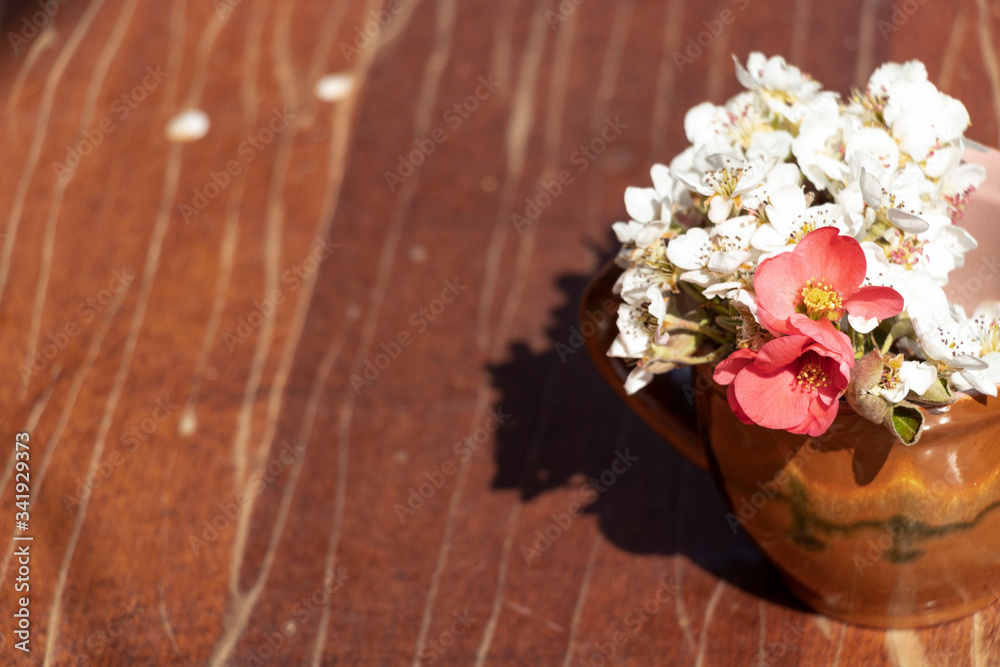 Spring flowering in a mug on a wooden background. Beautiful floral background. Blossoming. Spring flowering in a mug on a wooden background. Beautiful floral background. Blossoming.