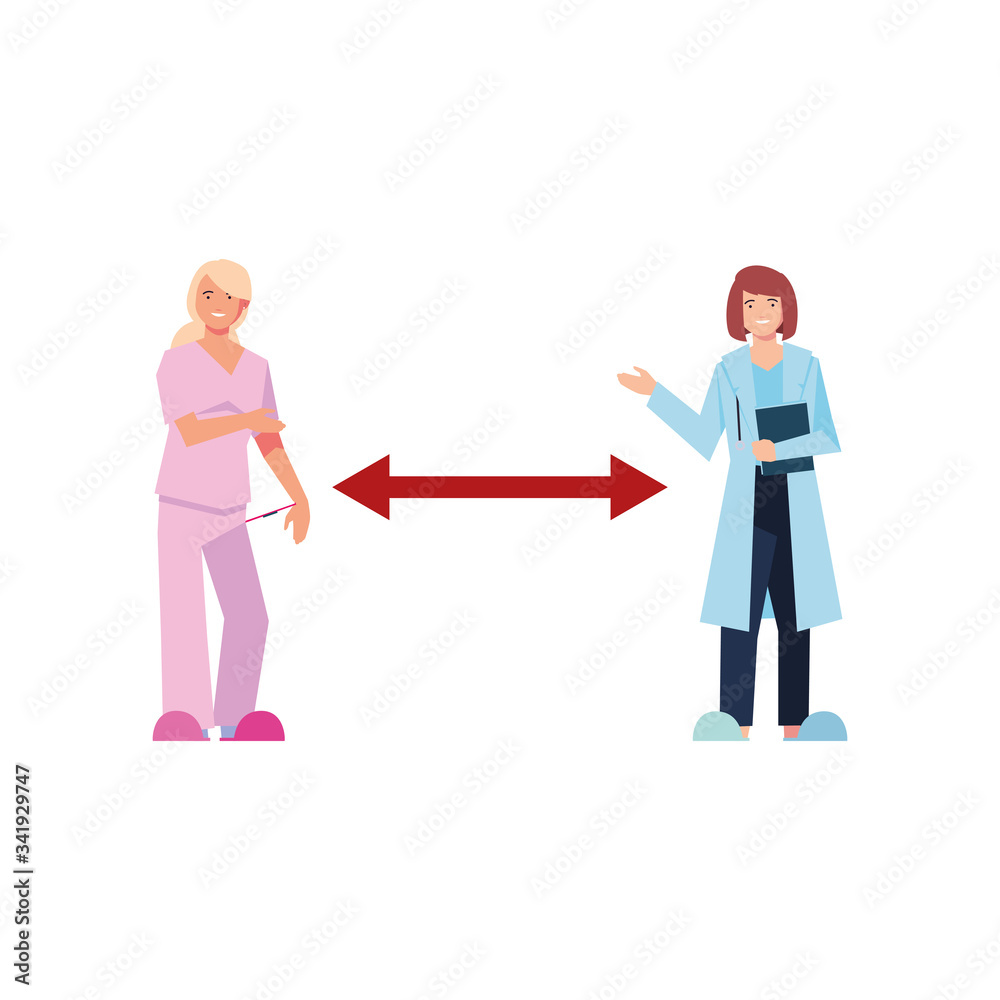 female doctors keep distance on white background female doctors keep distance on white background