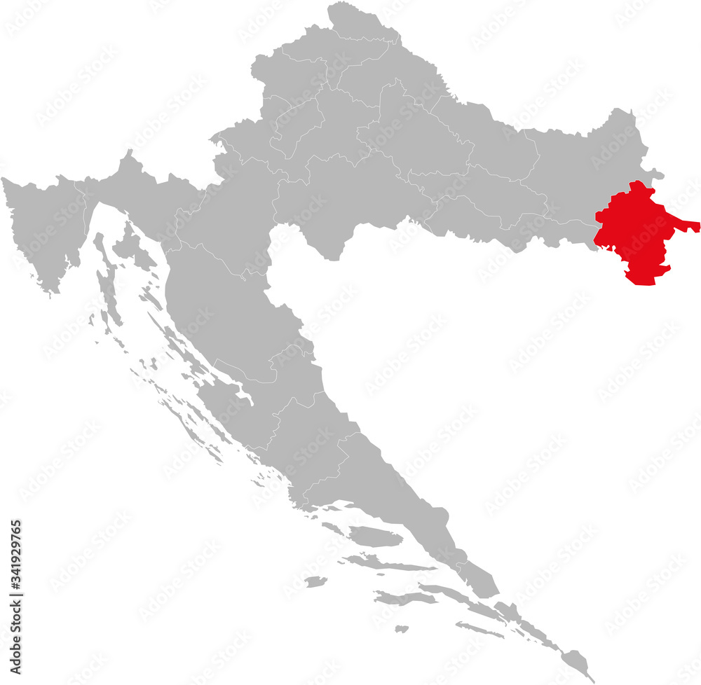 Vukovar-Srijem county highlighted on Croatia map. Light gray background. Perfect for Business concepts, backgrounds, backdrop, sticker, chart, presentation and wallpaper.