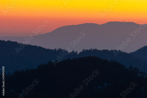 Sunset on the mountain with the layers of the hills, Croatia