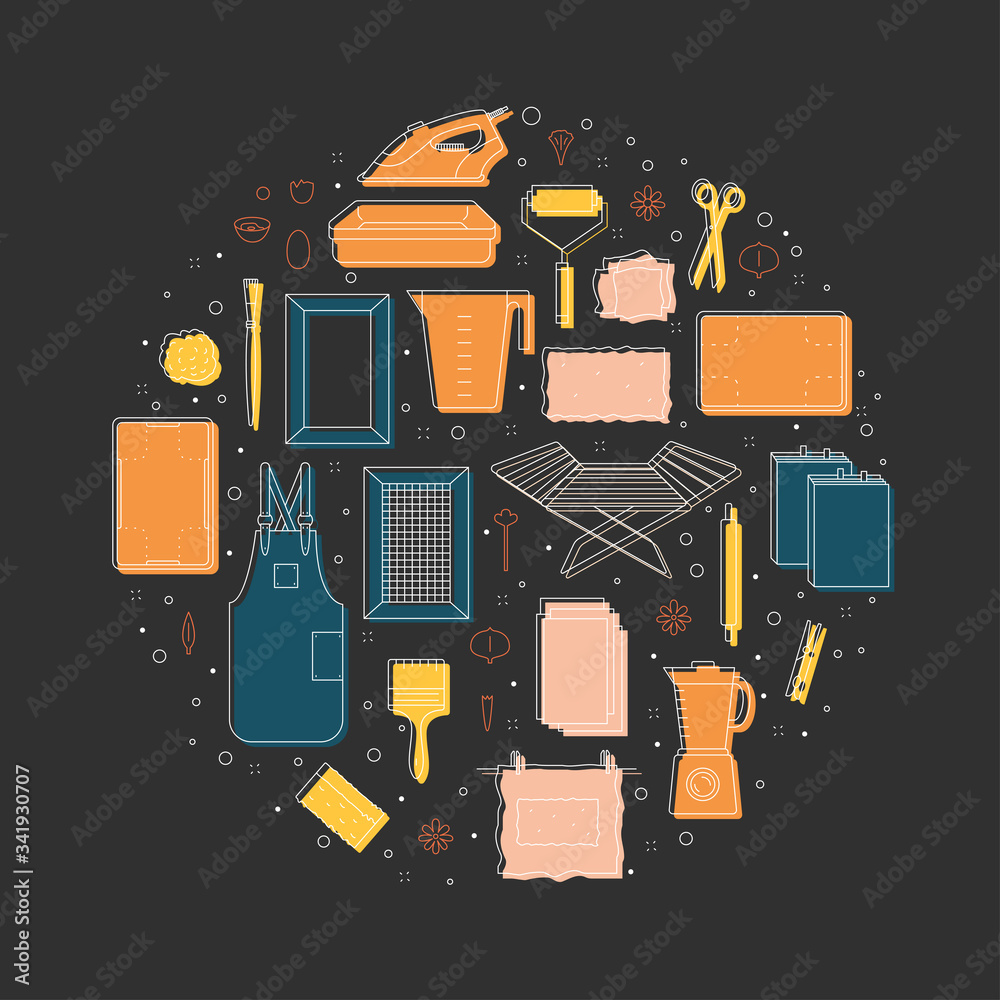 Vector illustration. Thin line icons of the items for hand papermaking