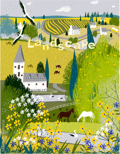 Summer landscape. Cute vector illustration for cards, print, banner.