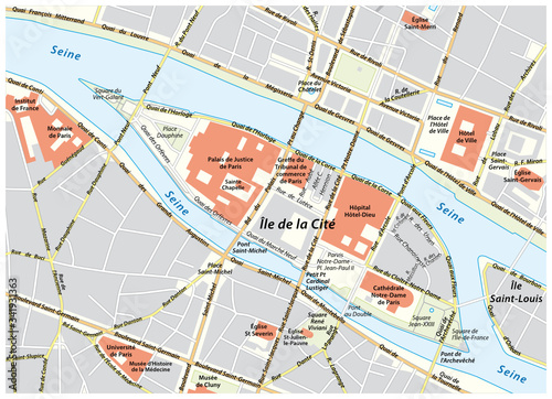 Vector street map of Ile de la Cite in Paris, France