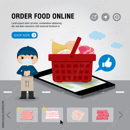 Online Food Delivery Service Concept Cartoon Vector illustration. Mobile or Smartphone open app for Online food order infographic. COVID-19. Quarantine in the city.