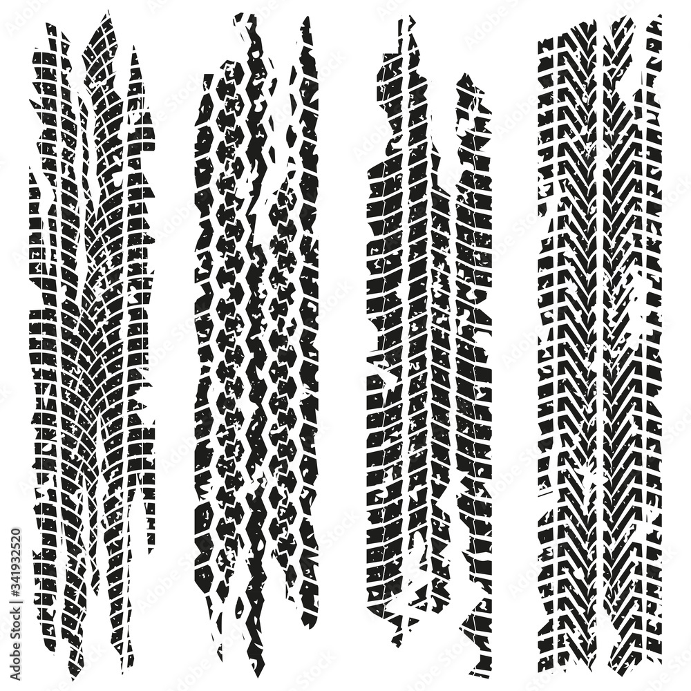 Tire tracks set with dirty grunge texture. Wheel tyre tread print. Vector illustration. Tire tracks set with dirty grunge texture. Wheel tyre tread print. Vector illustration.