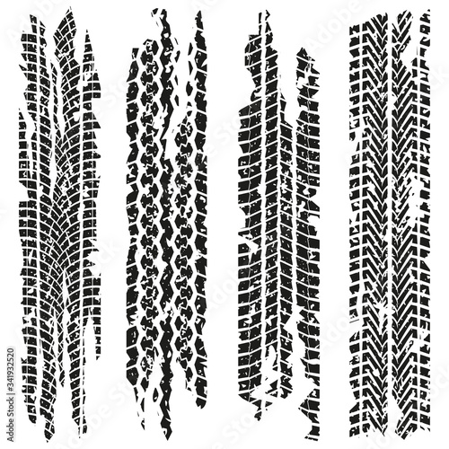 Tire tracks set with dirty grunge texture. Wheel tyre tread print. Vector illustration.