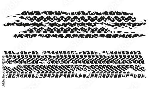 Tire tracks set with dirty grunge texture. Wheel tyre tread print. Vector illustration.