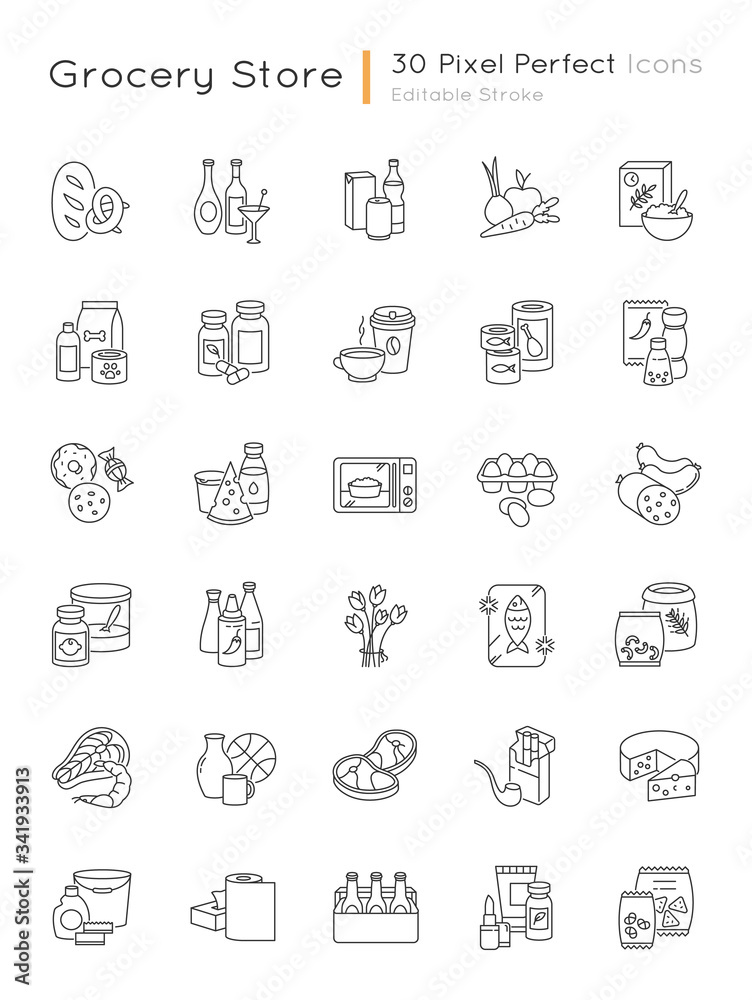 Groceries category pixel perfect linear icons set Groceries category pixel perfect linear icons set