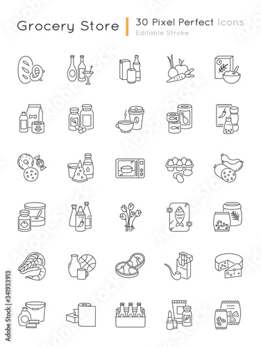 Groceries category pixel perfect linear icons set