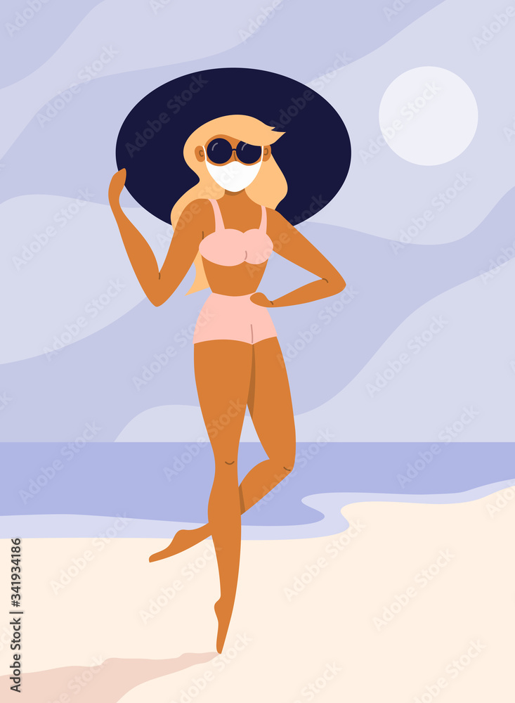 Hello summer! Cute girl in protective face mask and big hat tanning on beach. Summertime during coronavirus pandemic. Beautiful woman in swimsuit on vacation vector illustration. Card, poster or flyer