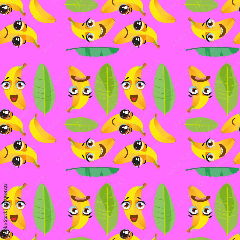 Cute seamless pattern with cartoon emoji fruits on pink background