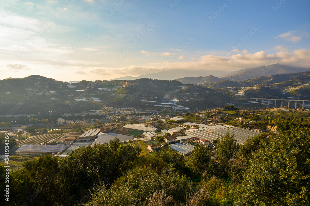 High angle panoramic view of the Armea Valley with greenhouses for the cultivation of flowers, a typical commercial activity of the area of Sanremo in the Riviera of Flowers, Imperia, Liguria, Italy