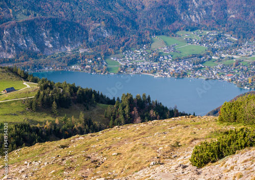 Picturesque autumn Alps mountain lake Wolfganfsee view from Schafberg viewpoint, Salzkammergut, Upper Austria. photo