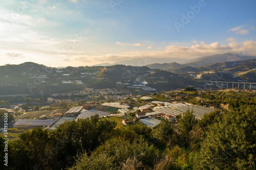 High angle panoramic view of the Armea Valley with greenhouses for the cultivation of flowers, a typical commercial activity of the area of Sanremo in the Riviera of Flowers, Imperia, Liguria, Italy