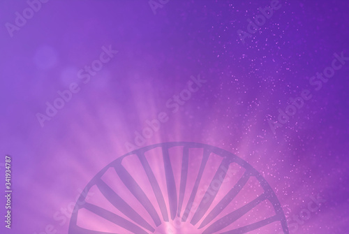 Abstract Rays Coming Out From The Bottom With Circle Object On A Purple Blue Bokeh & Particles Background.
