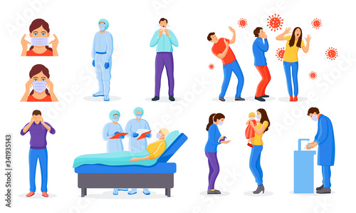 Coronavirus pandemic, symptoms, treatment. Coronavirus prevention. Doctors and patient wearing protective face masks, protection against Chinese virus. Hand washing, disinfection cartoon vector