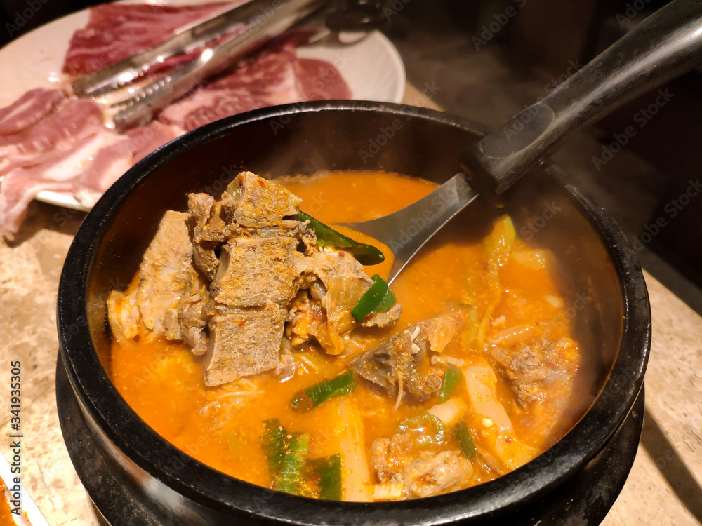 kimchi soup with beef, vegetable and chilli. korean food kimchi soup with beef, vegetable and chilli. korean food
