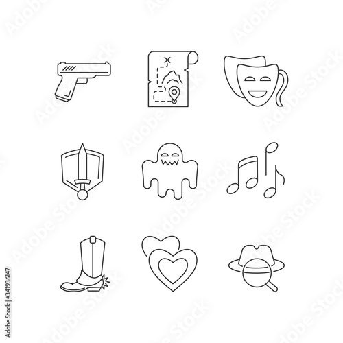 Different movie styles and genres pixel perfect linear icons set