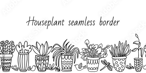 Vector seamless border with houseplants in pots decorated with ornaments on white background. Decorative butterflies, dragonflies and birds. Doodle style illustration in black ink.