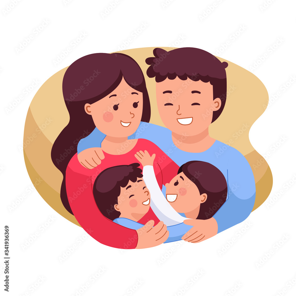 Illustration of happy family hugging each other. Medical Insurance image. Mom and Dad with daughter and son. International family day. Flat style vector isolated on white background. Illustration of happy family hugging each other. Medical Insurance image. Mom and Dad with daughter and son. International family day. Flat style vector isolated on white background.
