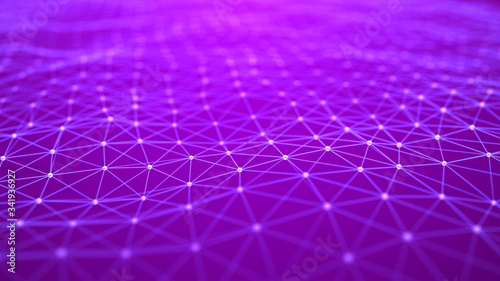 Abstract dynamic wave of points and lines. Perspective grid. Big data. Network of particles. Digital background. 3d rendering.