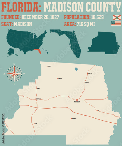 Large and detailed map of Madison county in Florida, USA.