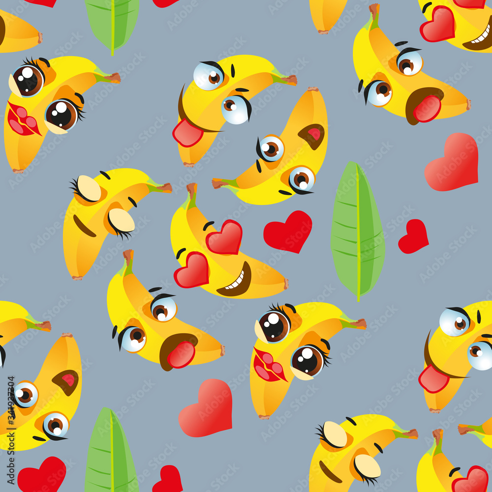 Fototapeta premium Cute seamless pattern with cartoon emoji fruits on gray background