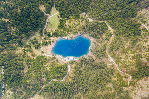 top bird eye view to lake Frauensee surrounded by forest trees at Austria in spring photo