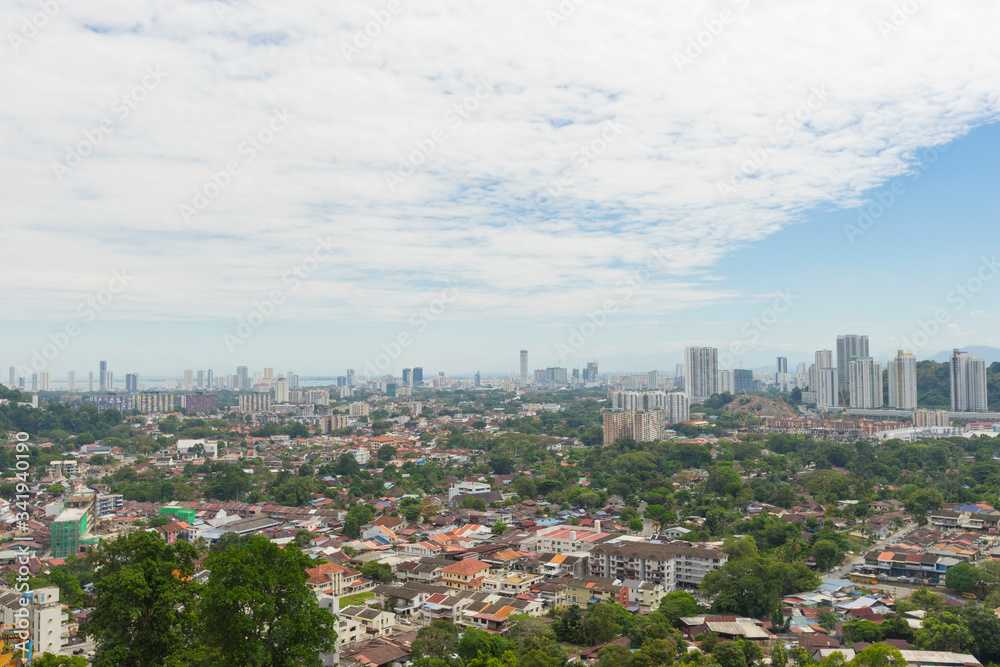 Panoramic view of Georgetown from territory of Kek Lok Si temple in Penang Island, Malaysia.