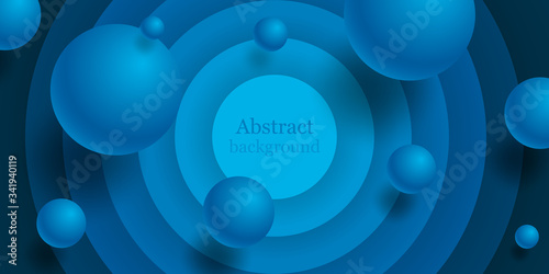Dynamic 3d spheres and paper cut circles. Abstract background with realistic blue balls. Vector illustration with levitating bubbles. Horizontal blue banner. Design brochure, cover, booklet, wallpaper