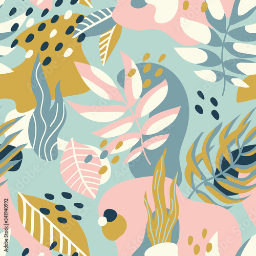 Abstract seamless pattern with tropical leaves. Vector Hand drawn texture with different leaves, lines, dots and shapes. Creative universal artistic Fun background botanical design in Scandinavian sty