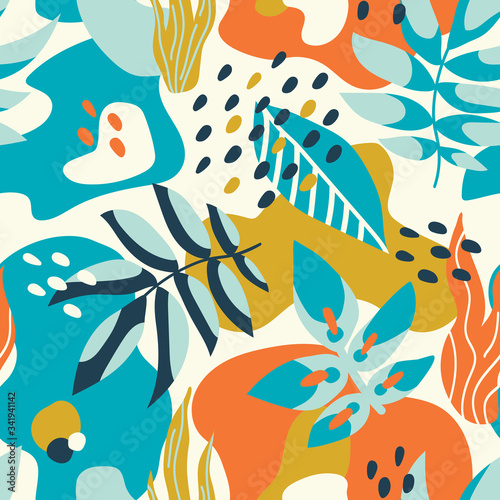 Abstract seamless pattern with tropical leaves. Vector Hand drawn texture with different leaves, lines, dots and shapes. Creative universal artistic Fun background botanical design in Scandinavian sty