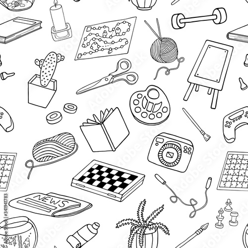Outline doodle hobbies seamless pattern. Stay home concept. Top table and video games, painting, reading, sport, knitting illustration. Hand drawn vector texture for coloring, banners, design.