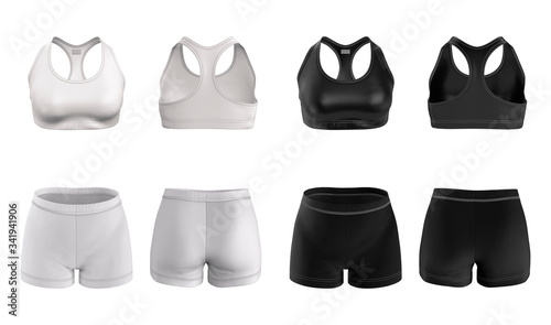Women's shorts and top bra of white and black color. Front and back view. Sport uniform. Sportswear. Mockup for your design or branding. Blank template. 3d realistic illustration on white background