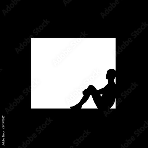 Quarantine, self isolation problems. Loneliness. Man silhoette in window. Vector social illustration.