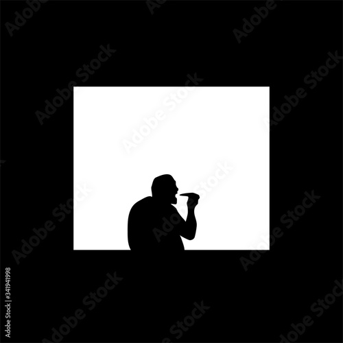 Quarantine, self isolation problems. Obesity, physical inactivity. Fat man silhoette in window. Vector social illustration.
