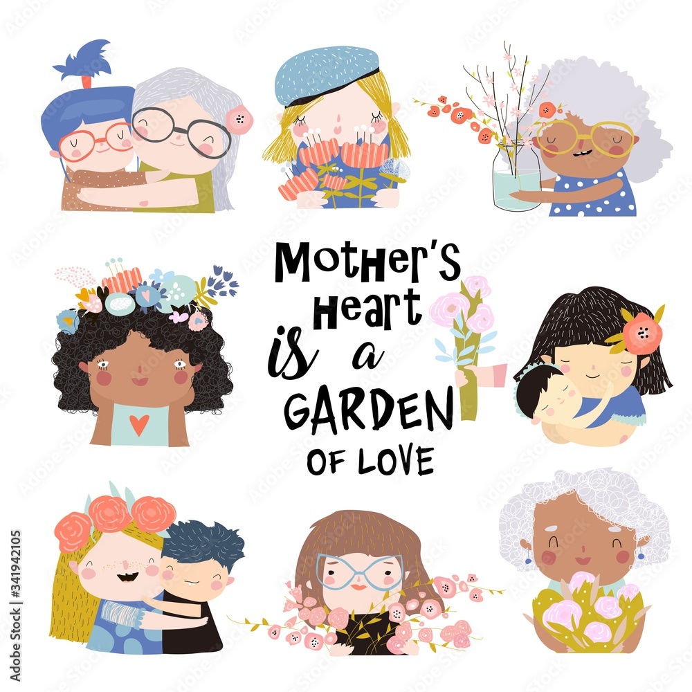 Fototapeta premium Set of cute illustrations for Mothers Day in cartoon style
